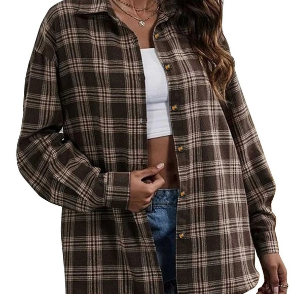 Women's Checked Brown Oversized Button-Down Flannel Shirt